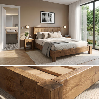 Orla Bed Frame 30cm High  / Chunky Solid Rustic Pine Bed with Headboard