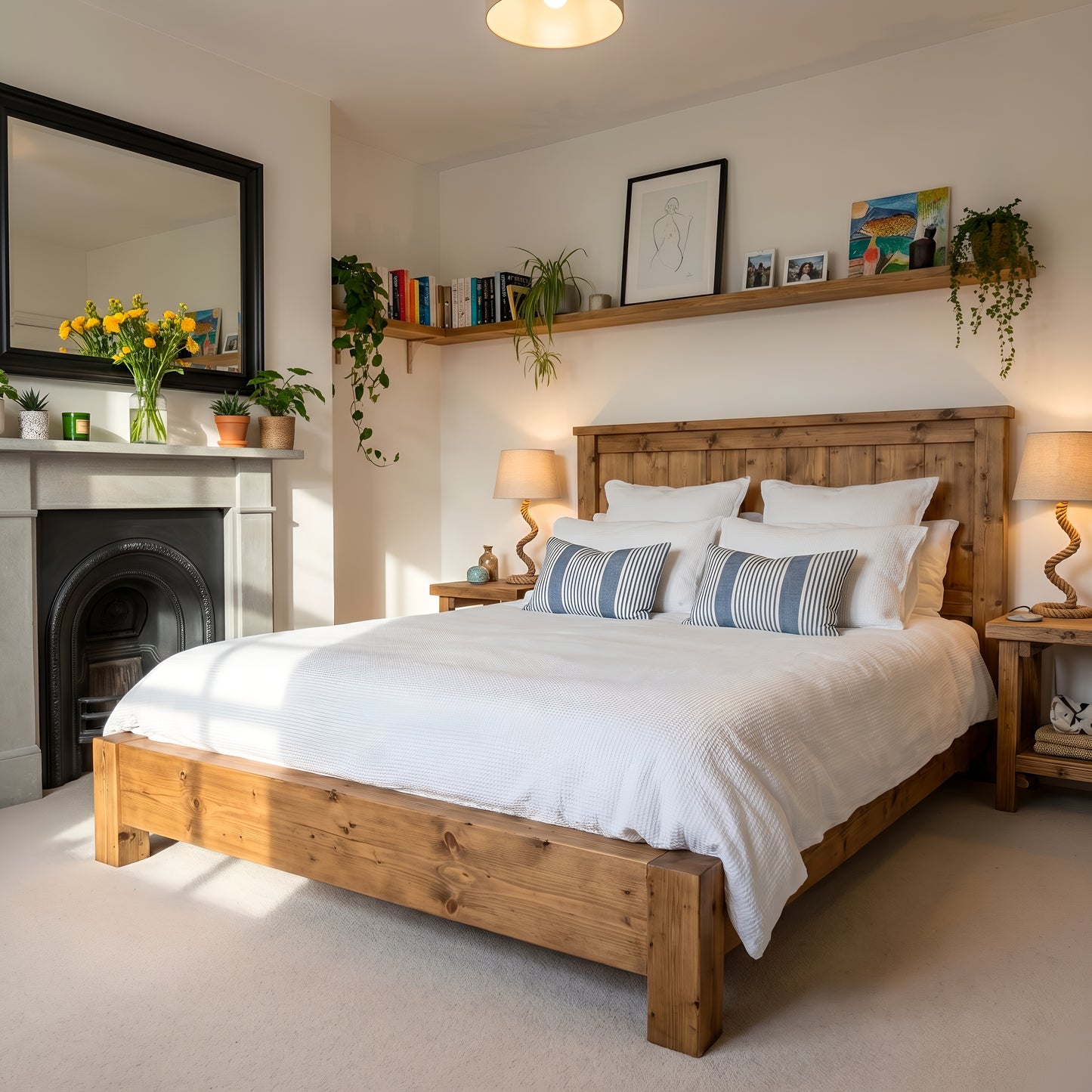 Orla Bed Frame 30cm High  / Chunky Solid Rustic Pine Bed with Headboard