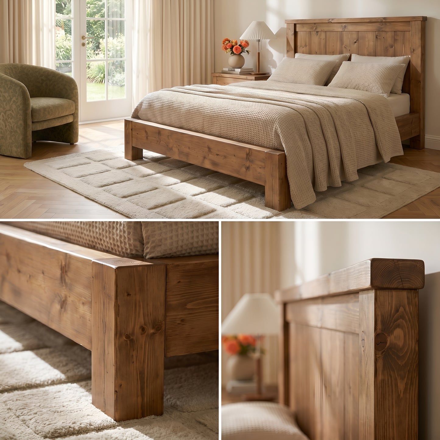 Orla Bed Frame 30cm High  / Chunky Solid Rustic Pine Bed with Headboard
