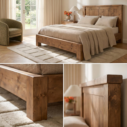 Orla Bed Frame 30cm High  / Chunky Solid Rustic Pine Bed with Headboard