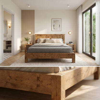 Orla Bed Frame 30cm High  / Chunky Solid Rustic Pine Bed with Headboard