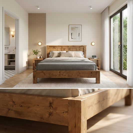 Orla Bed Frame 30cm High  / Chunky Solid Rustic Pine Bed with Headboard