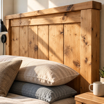 Orla Bed Frame Light Oak Colour 30cm High  / Chunky Solid Rustic Pine Bed with Headboard