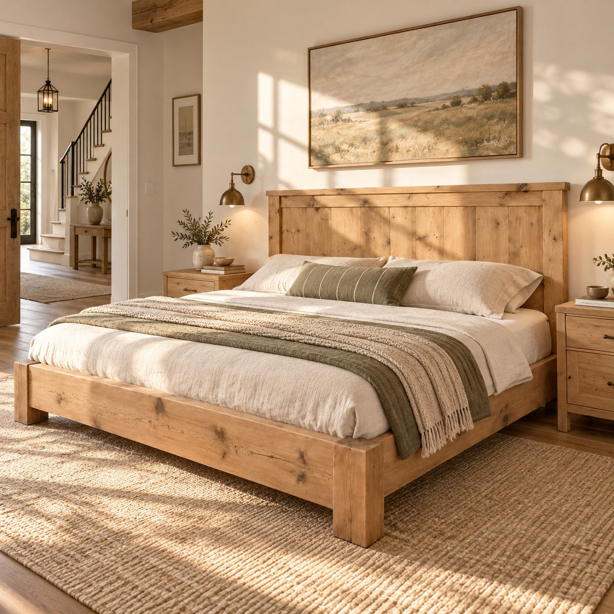 Orla Bed Frame Light Oak Colour 30cm High  / Chunky Solid Rustic Pine Bed with Headboard