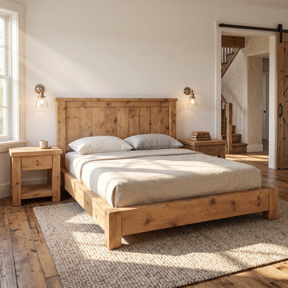Orla Bed Frame Light Oak Colour 30cm High  / Chunky Solid Rustic Pine Bed with Headboard