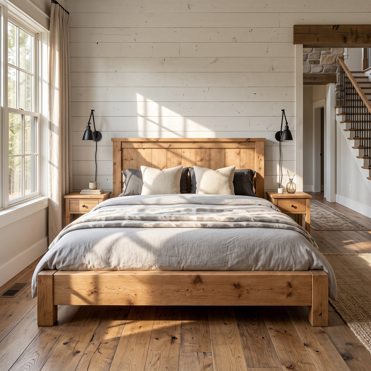 Orla Bed Frame Light Oak Colour 30cm High  / Chunky Solid Rustic Pine Bed with Headboard