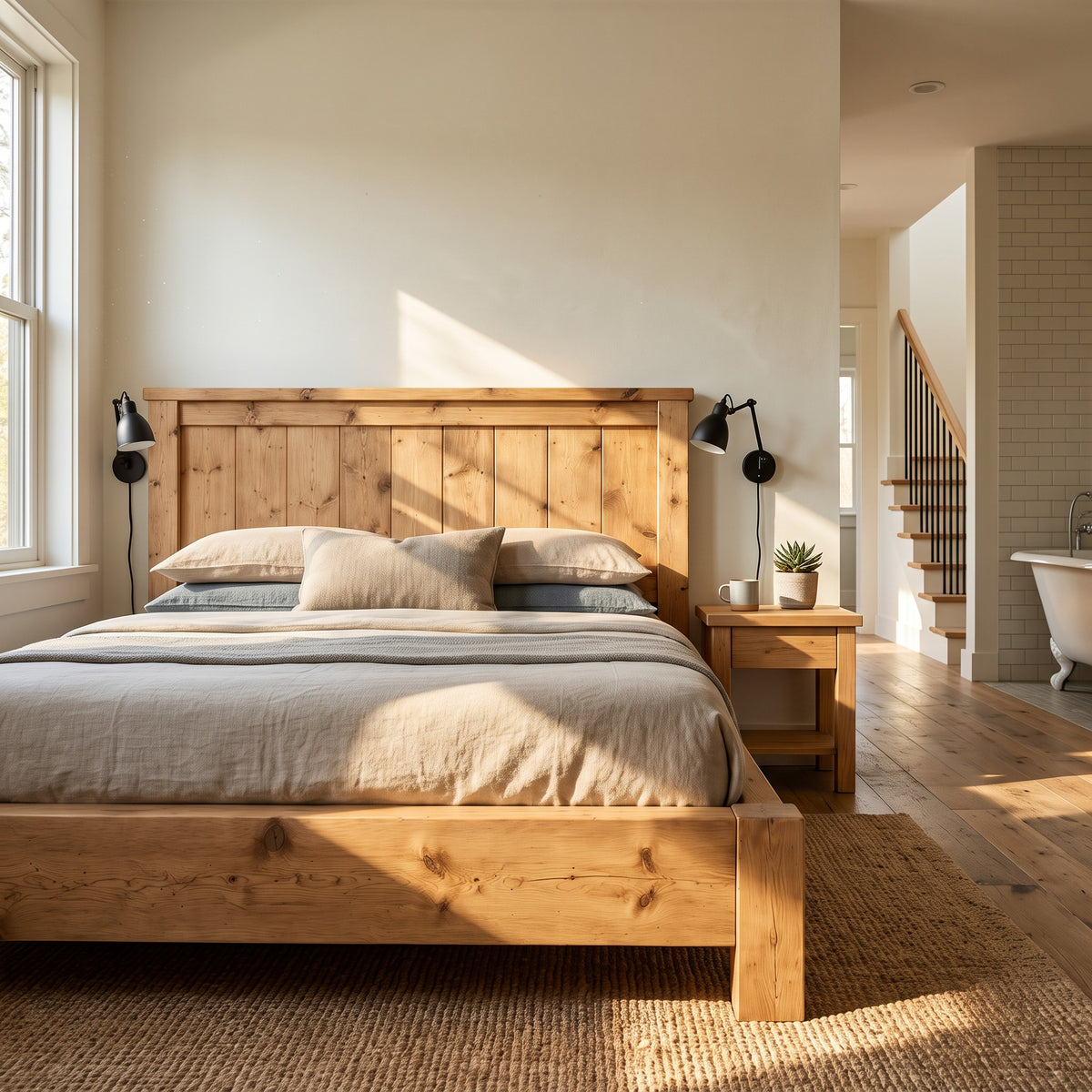 Orla Bed Frame Light Oak Colour 30cm High  / Chunky Solid Rustic Pine Bed with Headboard