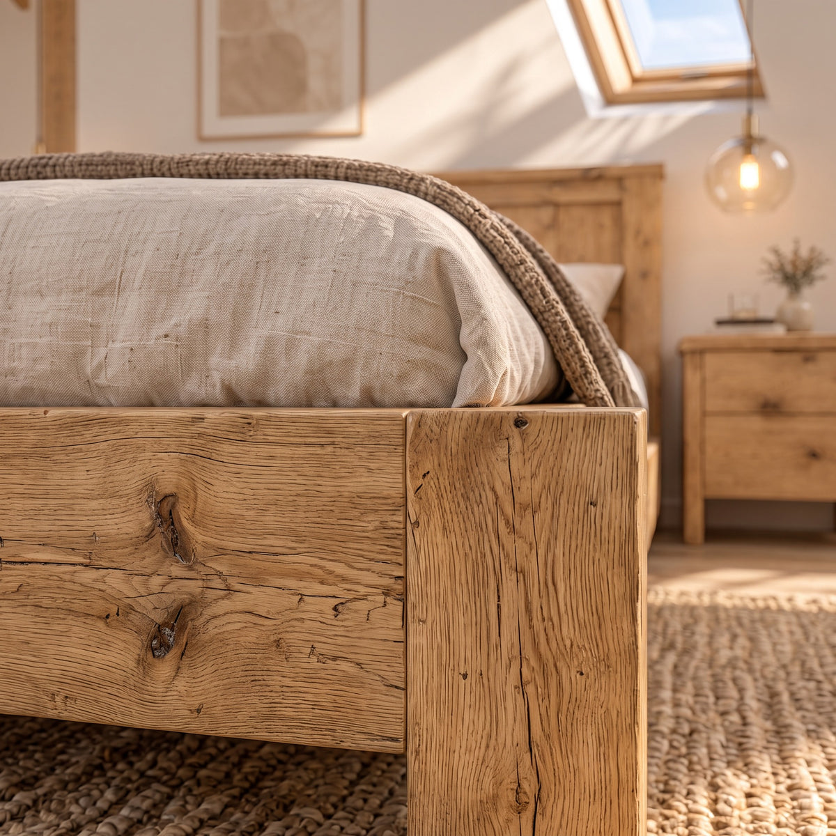 Orla Bed Frame Light Oak Colour 30cm High  / Chunky Solid Rustic Pine Bed with Headboard