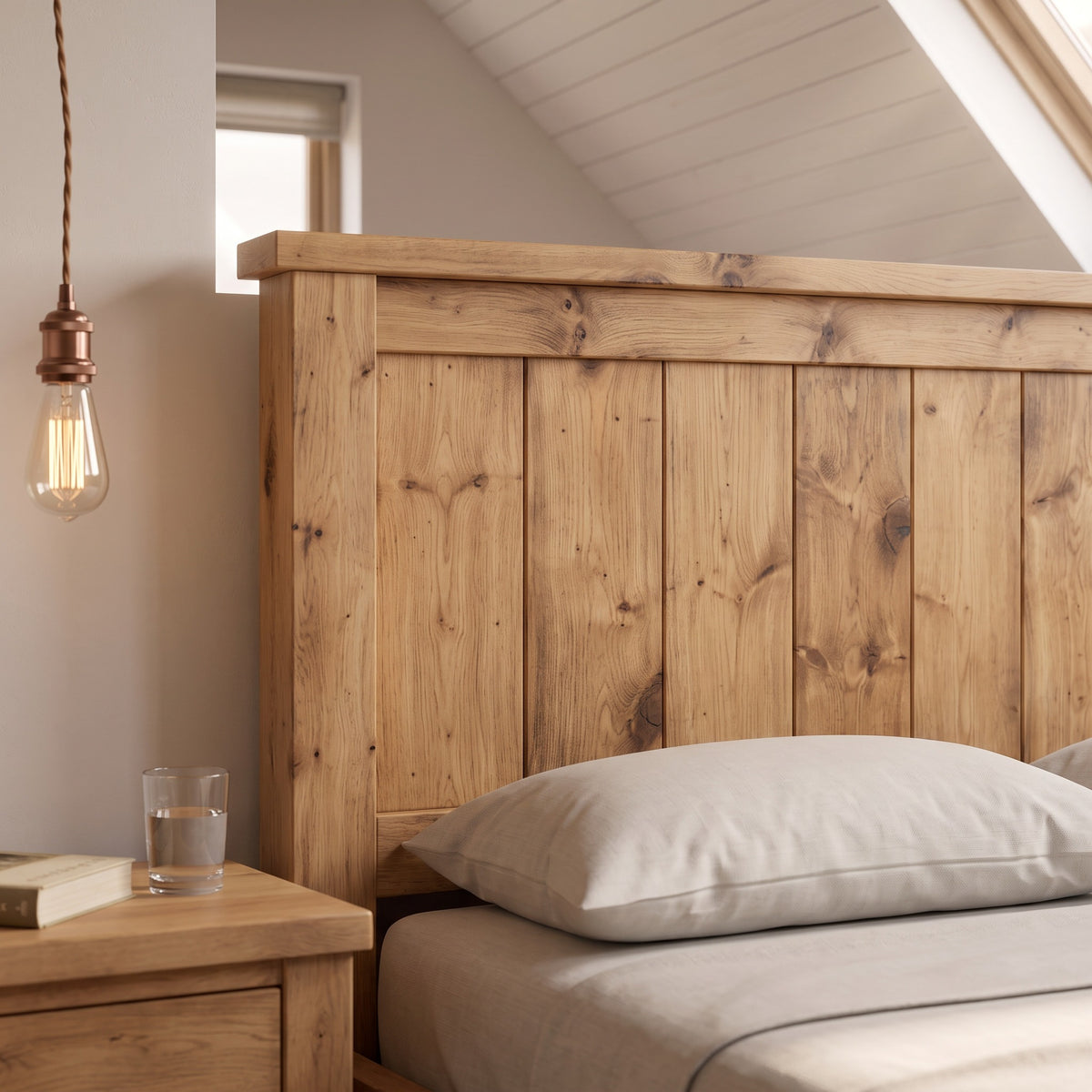 Orla Bed Frame Light Oak Colour 30cm High  / Chunky Solid Rustic Pine Bed with Headboard