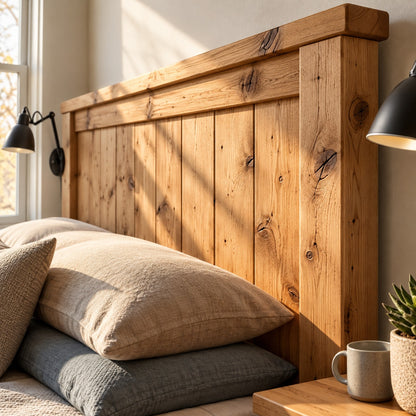 Orla Bed Frame Light Oak Colour 30cm High  / Chunky Solid Rustic Pine Bed with Headboard