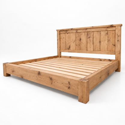 Orla Bed Frame Light Oak Colour 30cm High  / Chunky Solid Rustic Pine Bed with Headboard
