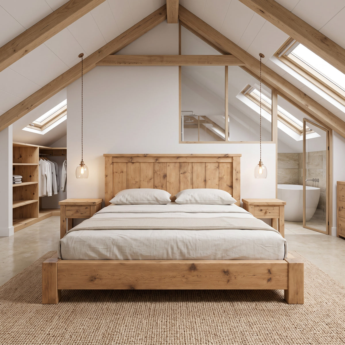 Orla Bed Frame Light Oak Colour 30cm High  / Chunky Solid Rustic Pine Bed with Headboard