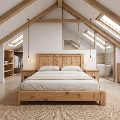 Orla Bed Frame Light Oak Colour 30cm High  / Chunky Solid Rustic Pine Bed with Headboard