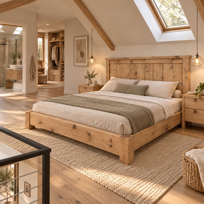 Orla Bed Frame Light Oak Colour 30cm High  / Chunky Solid Rustic Pine Bed with Headboard