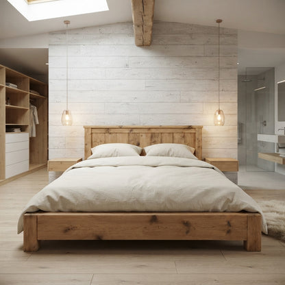 Orla Bed Frame Light Oak Colour 30cm High  / Chunky Solid Rustic Pine Bed with Headboard