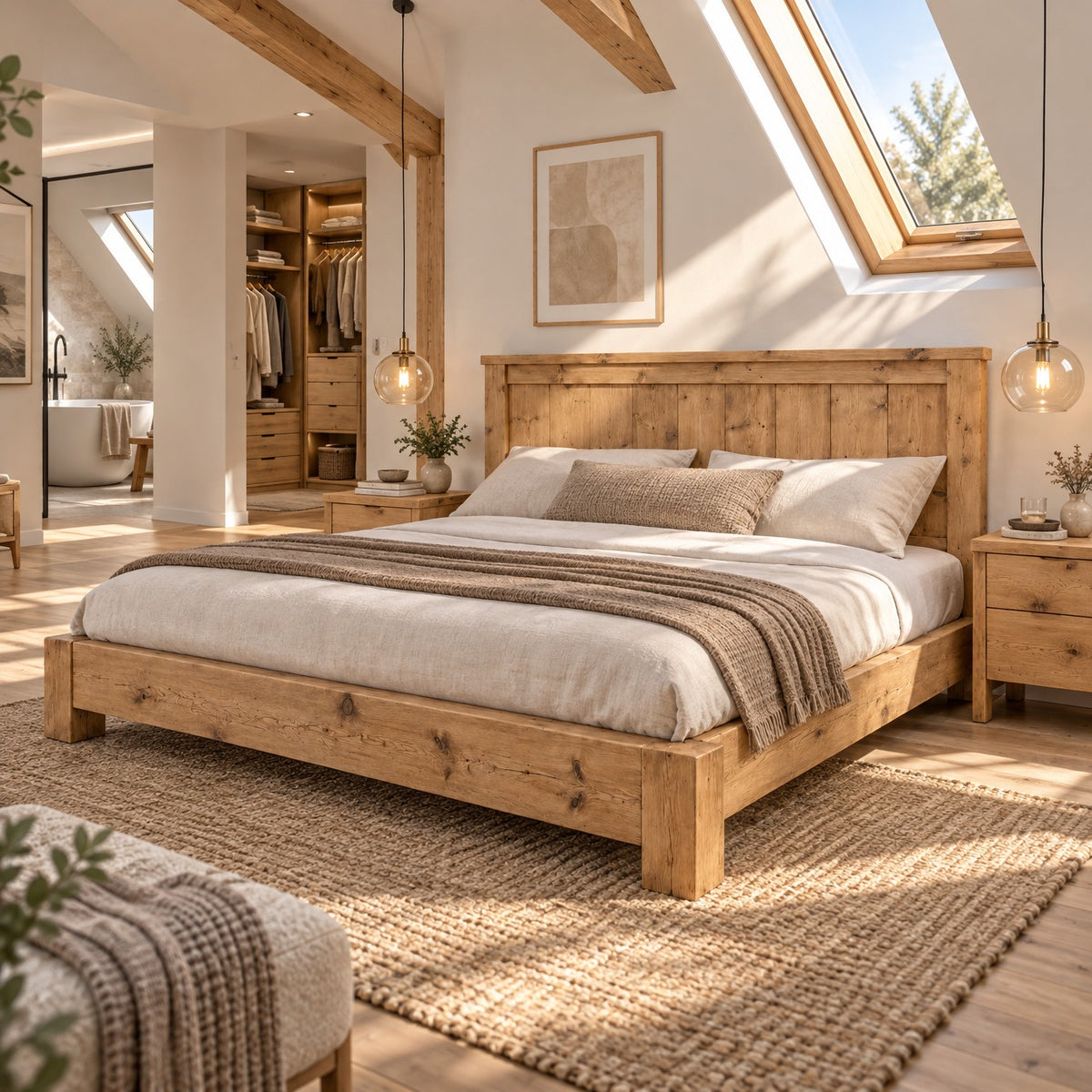Orla Bed Frame Light Oak Colour 30cm High  / Chunky Solid Rustic Pine Bed with Headboard