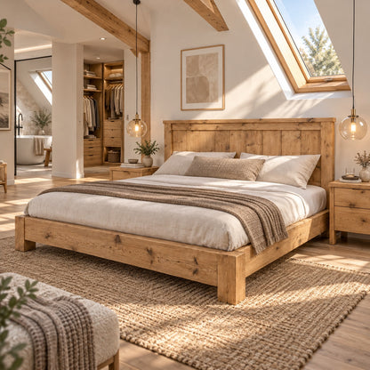 Orla Bed Frame Light Oak Colour 30cm High  / Chunky Solid Rustic Pine Bed with Headboard