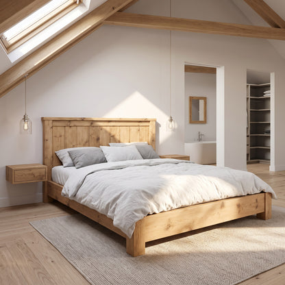 Orla Bed Frame Light Oak Colour 30cm High  / Chunky Solid Rustic Pine Bed with Headboard