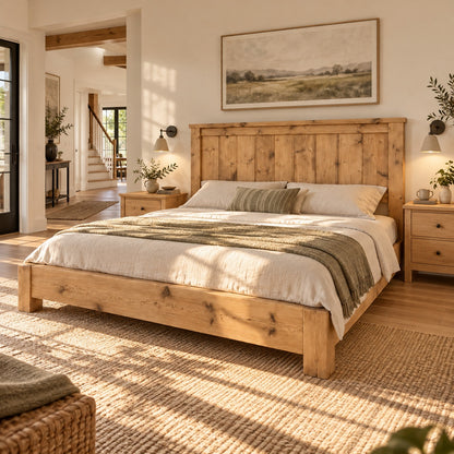 Orla Bed Frame Light Oak Colour 30cm High  / Chunky Solid Rustic Pine Bed with Headboard