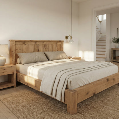 Orla Bed Frame Light Oak Colour 30cm High  / Chunky Solid Rustic Pine Bed with Headboard