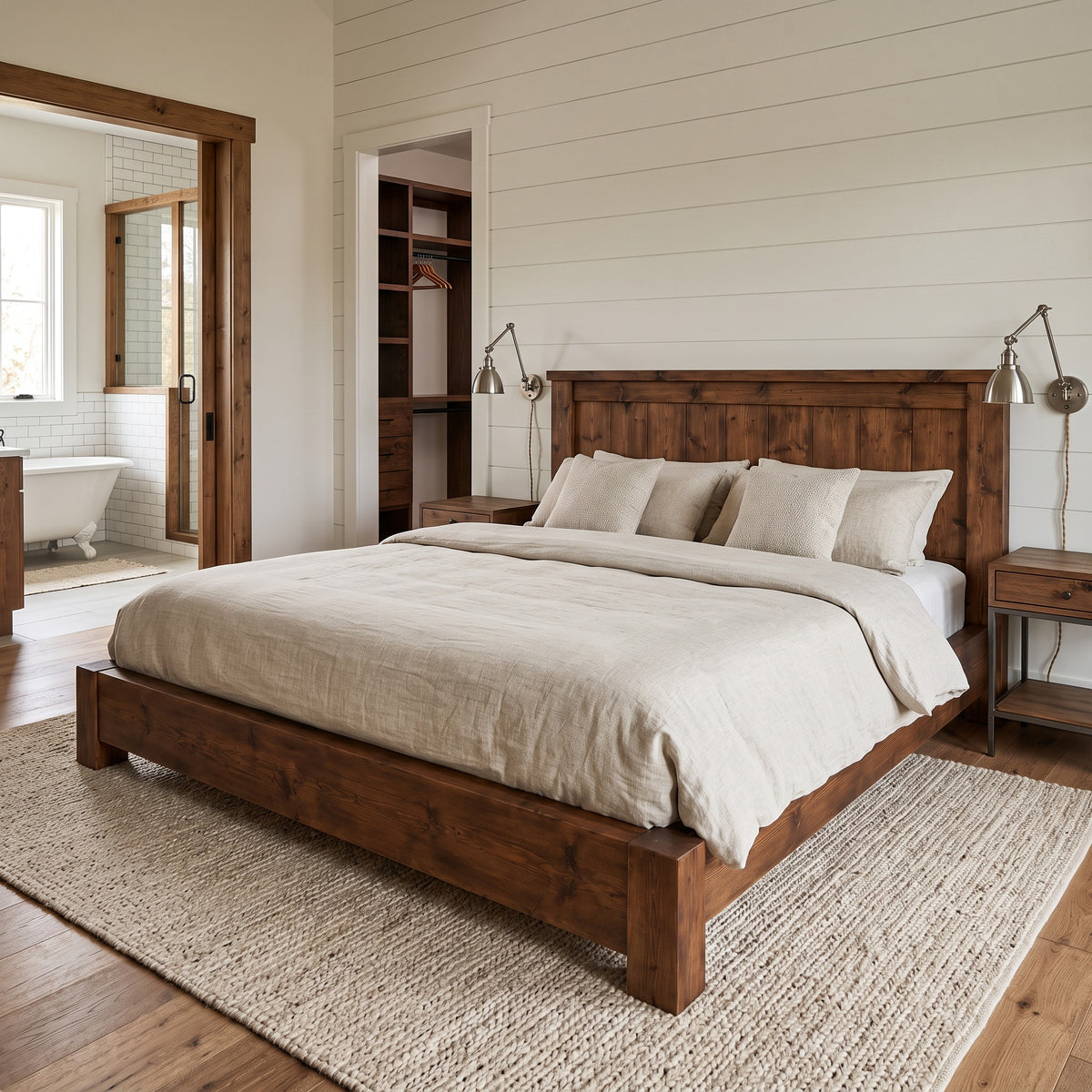 Orla Bed Frame Walnut Colour 30cm High  / Chunky Solid Rustic Pine Bed with Headboard
