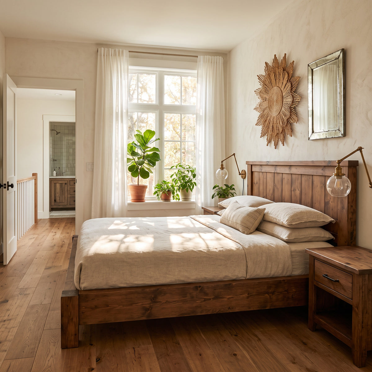 Orla Bed Frame Walnut Colour 30cm High  / Chunky Solid Rustic Pine Bed with Headboard