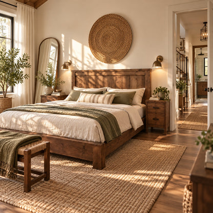 Orla Bed Frame Walnut Colour 30cm High  / Chunky Solid Rustic Pine Bed with Headboard