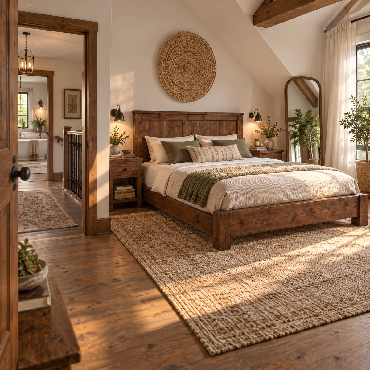 Orla Bed Frame Walnut Colour 30cm High  / Chunky Solid Rustic Pine Bed with Headboard