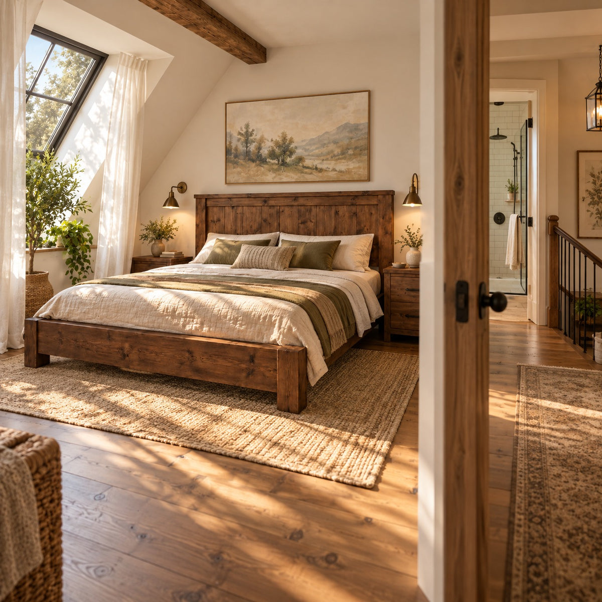 Orla Bed Frame Walnut Colour 30cm High  / Chunky Solid Rustic Pine Bed with Headboard