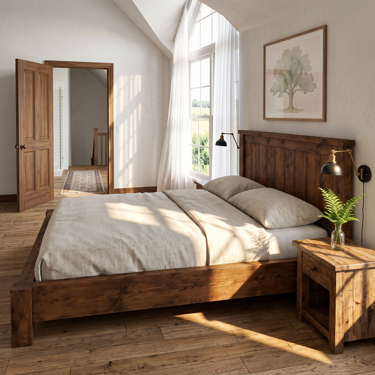 Orla Bed Frame Walnut Colour 30cm High  / Chunky Solid Rustic Pine Bed with Headboard
