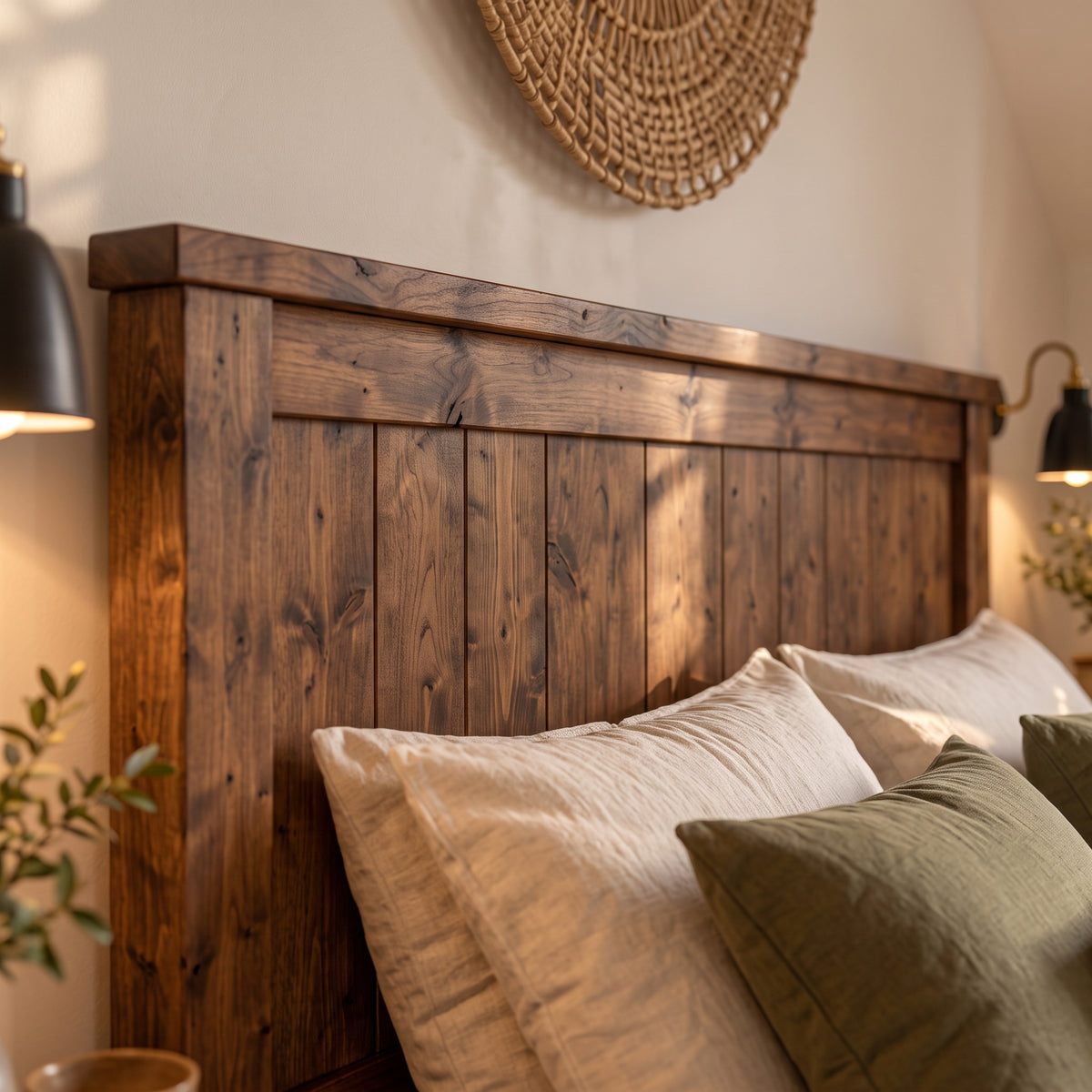 Orla Bed Frame Walnut Colour 30cm High  / Chunky Solid Rustic Pine Bed with Headboard