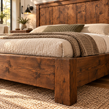 Orla Bed Frame Walnut Colour 30cm High  / Chunky Solid Rustic Pine Bed with Headboard