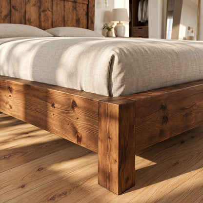 Orla Bed Frame Walnut Colour 30cm High  / Chunky Solid Rustic Pine Bed with Headboard