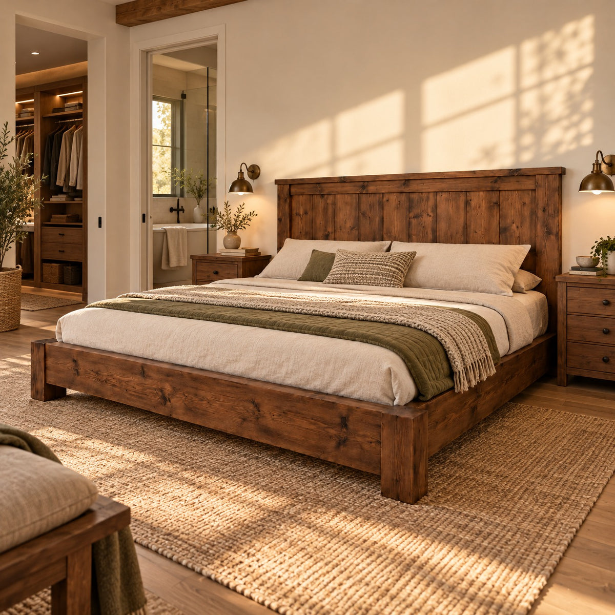Orla Bed Frame Walnut Colour 30cm High  / Chunky Solid Rustic Pine Bed with Headboard