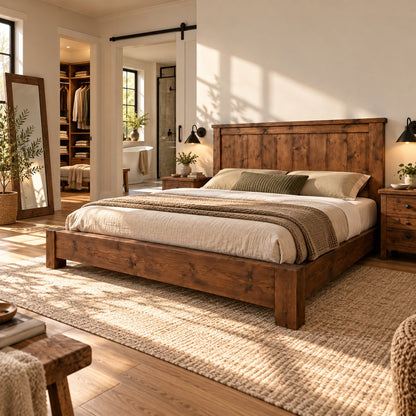 Orla Bed Frame Walnut Colour 30cm High  / Chunky Solid Rustic Pine Bed with Headboard