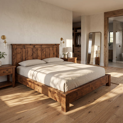 Orla Bed Frame Walnut Colour 30cm High  / Chunky Solid Rustic Pine Bed with Headboard