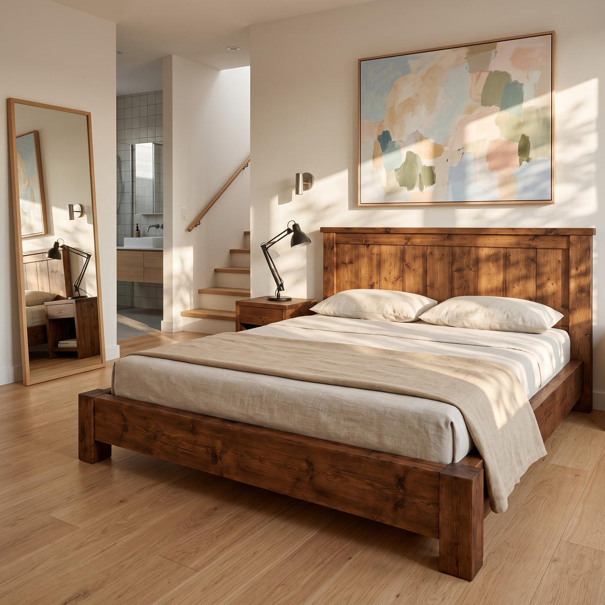 Orla Bed Frame Walnut Colour 30cm High  / Chunky Solid Rustic Pine Bed with Headboard