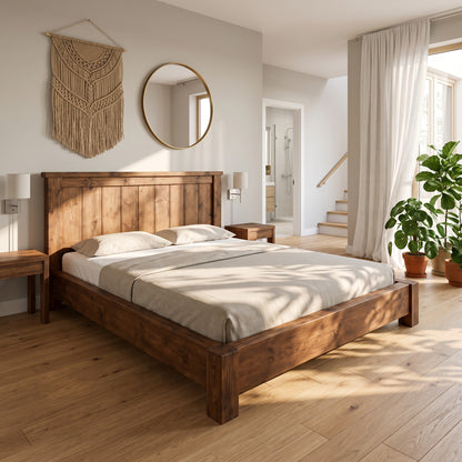Orla Bed Frame Walnut Colour 30cm High  / Chunky Solid Rustic Pine Bed with Headboard