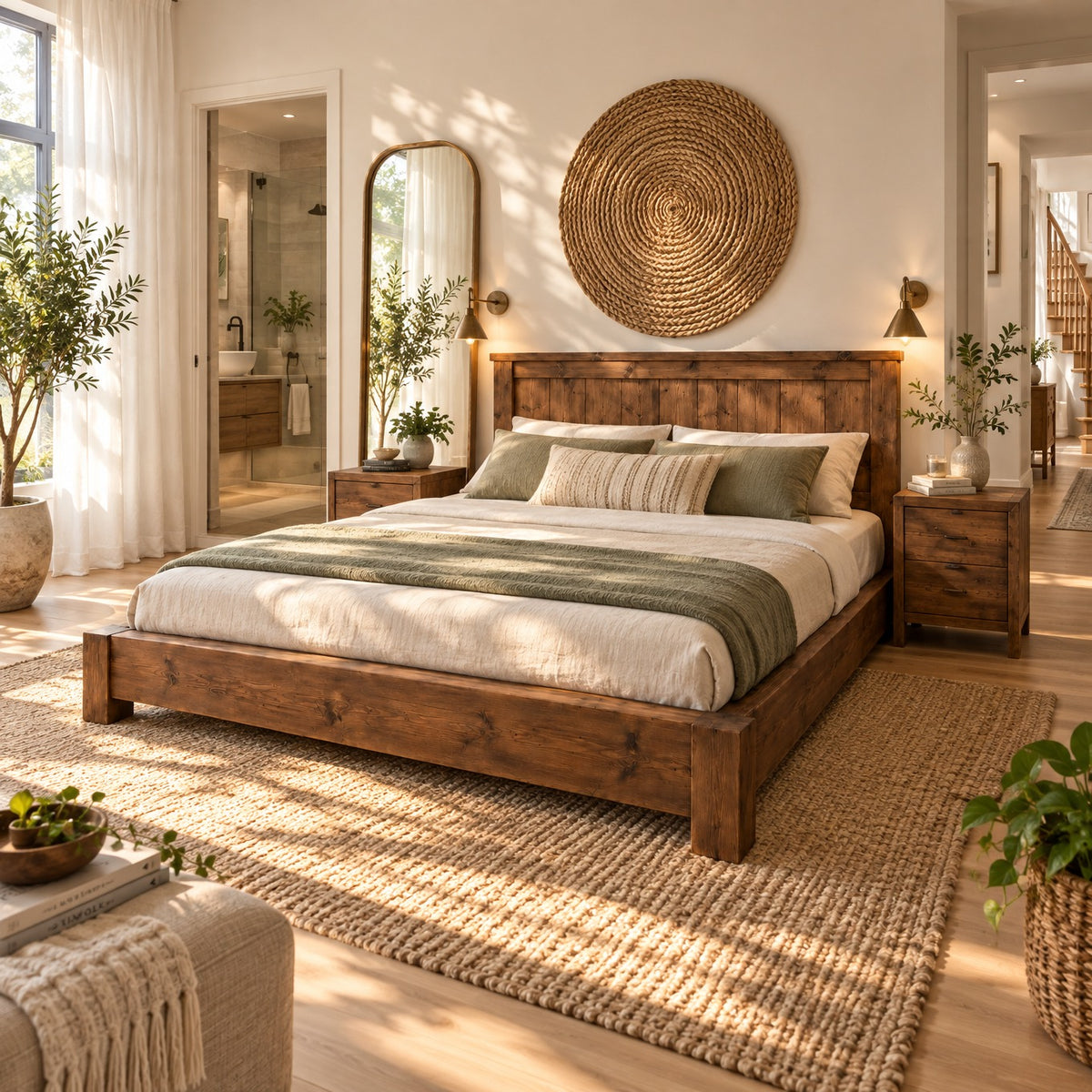 Orla Bed Frame Walnut Colour 30cm High  / Chunky Solid Rustic Pine Bed with Headboard