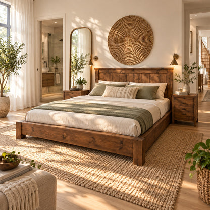 Orla Bed Frame Walnut Colour 30cm High  / Chunky Solid Rustic Pine Bed with Headboard