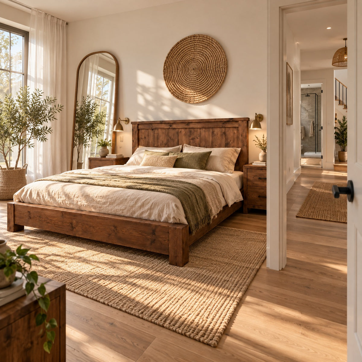Orla Bed Frame Walnut Colour 30cm High  / Chunky Solid Rustic Pine Bed with Headboard