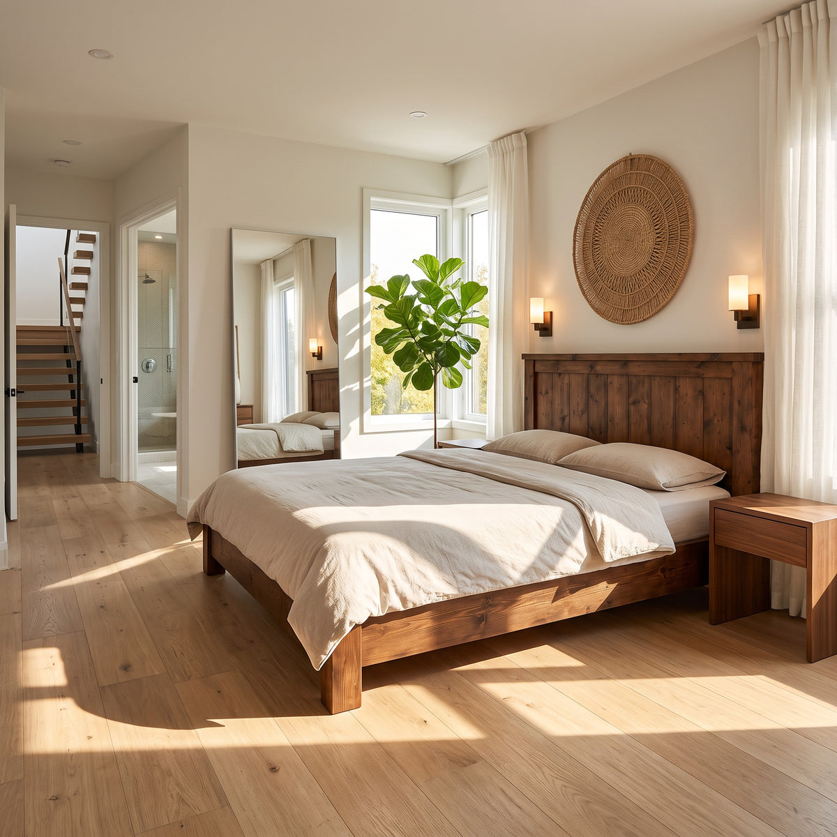 Orla Bed Frame Walnut Colour 30cm High  / Chunky Solid Rustic Pine Bed with Headboard