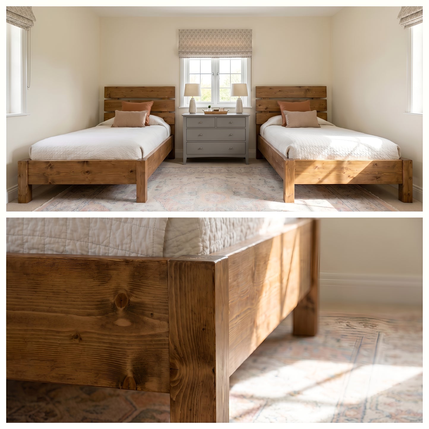 Orvix Bed Frame 30cm High  / Chunky Solid Rustic Pine Bed with Headboard