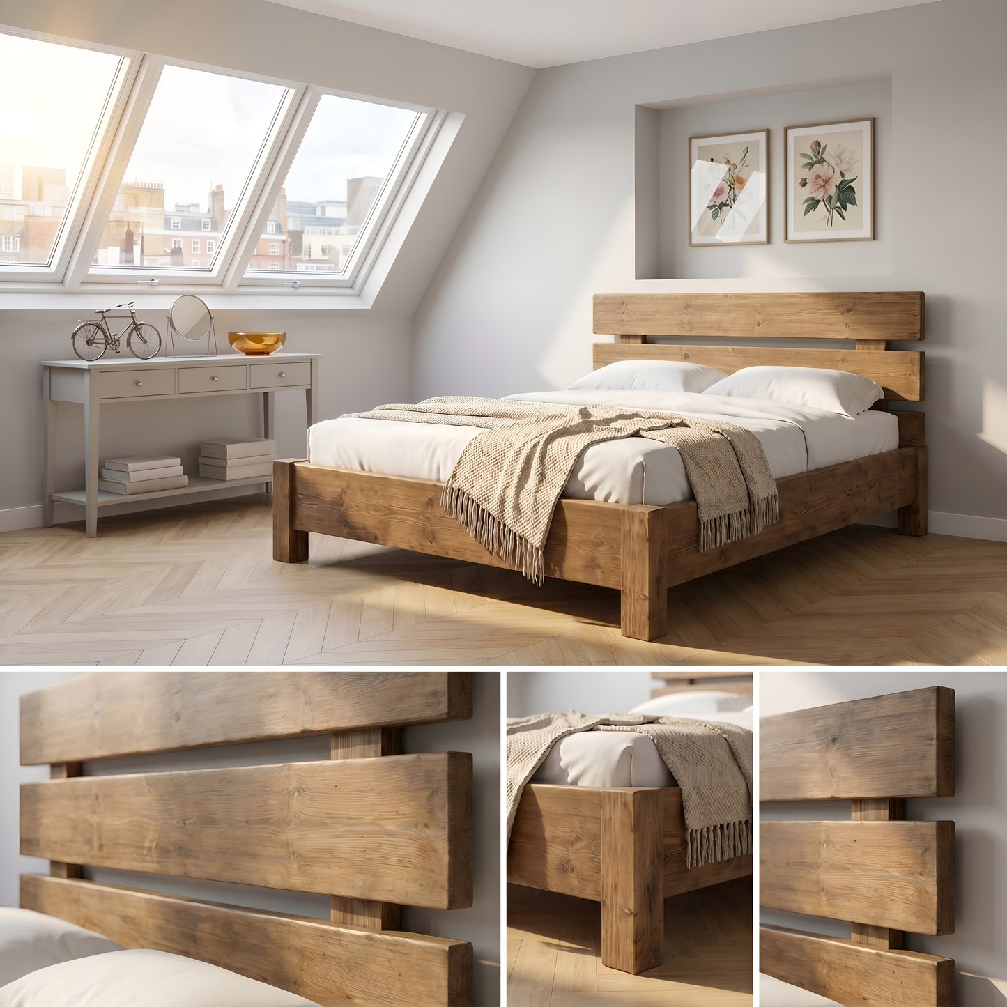 Orvix Bed Frame 30cm High  / Chunky Solid Rustic Pine Bed with Headboard