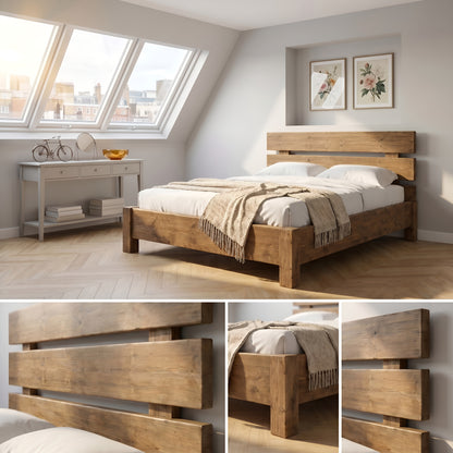 Orvix Bed Frame 30cm High  / Chunky Solid Rustic Pine Bed with Headboard