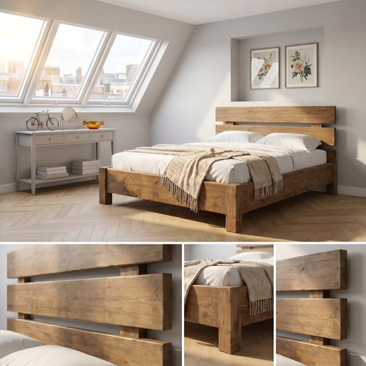 Orvix Bed Frame 30cm High  / Chunky Solid Rustic Pine Bed with Headboard