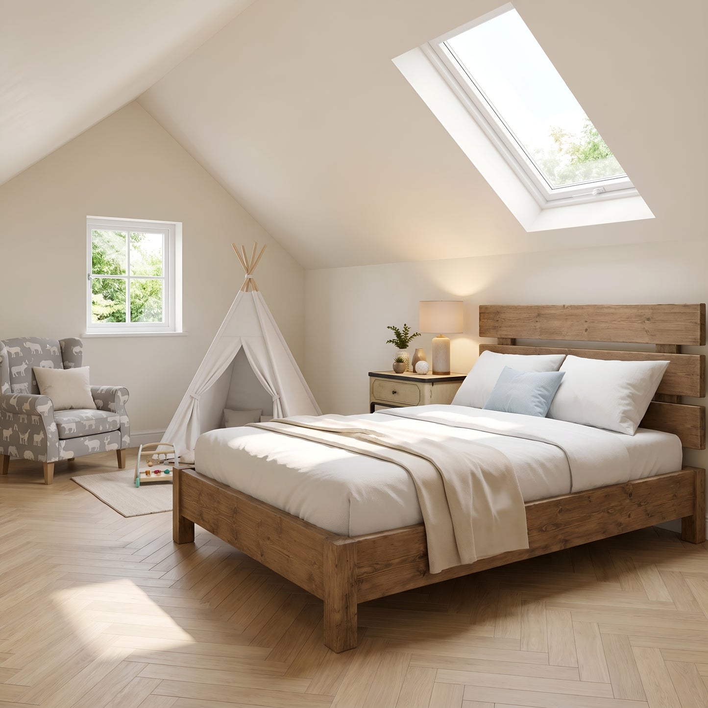 Orvix Bed Frame 30cm High  / Chunky Solid Rustic Pine Bed with Headboard