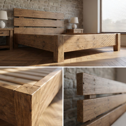 Orvix Bed Frame 30cm High  / Chunky Solid Rustic Pine Bed with Headboard