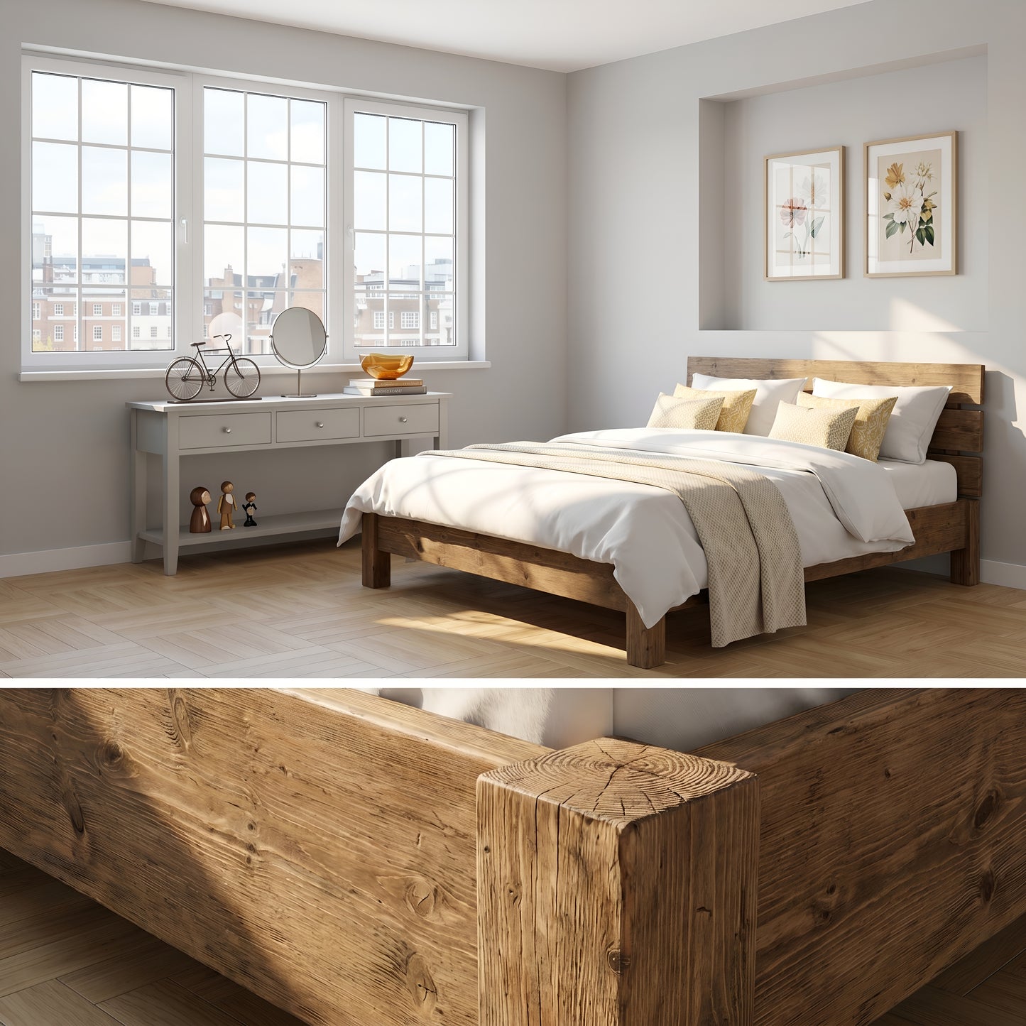 Orvix Bed Frame 30cm High  / Chunky Solid Rustic Pine Bed with Headboard