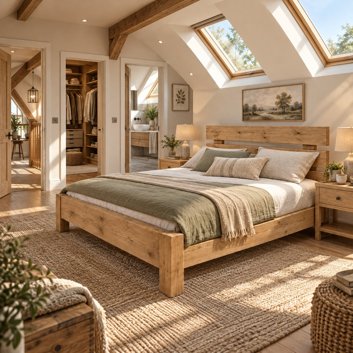 Orvix Light Oak Colour Bed Frame 30cm High  / Chunky Solid Rustic Pine Bed with Headboard